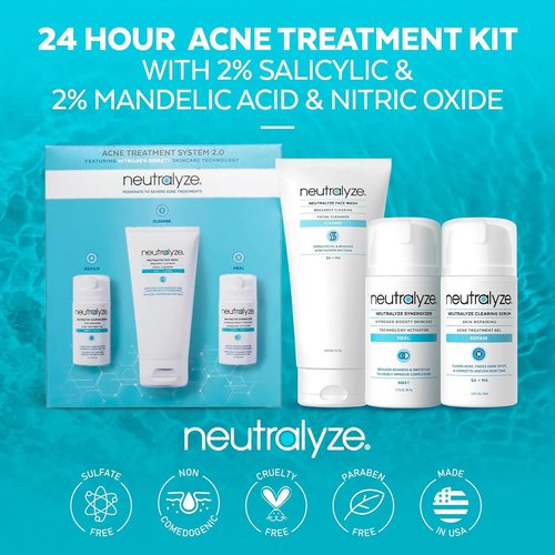 Neutralyze Acne Treatment Kit 2.0 - Maximum Strength 3-Step System with 2% Salicylic Acid & Mandelic Acid | Includes Face Wash, Clearing Serum & Synergyzer