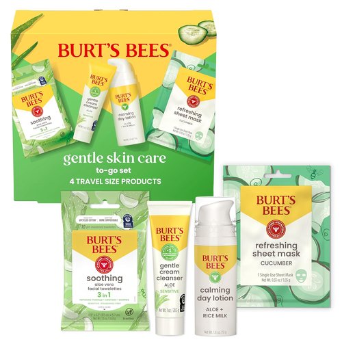 Burt's Bees Gentle Skin Care To-Go Set - Travel Size Cleanser, Towelettes, Lotion & Sheet Mask for Sensitive Skin