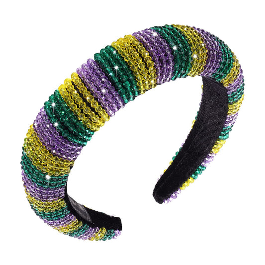 vokone Mardi Gras Beaded Headband Purple Green Yellow Crystal Beaded Padded Headband Mardi Gras Headwear Hair Accessories (Crystal Beaded B)