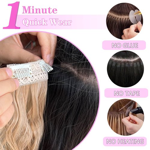 MORICHY Blonde Hair Extensions Clip in curly hair clip in extensions Wavy Seamless Clip in Hair Extensions 16'' Mermaid Waves 4PCS Synthetic Hair Pieces for Women（Light Golden Blonde）