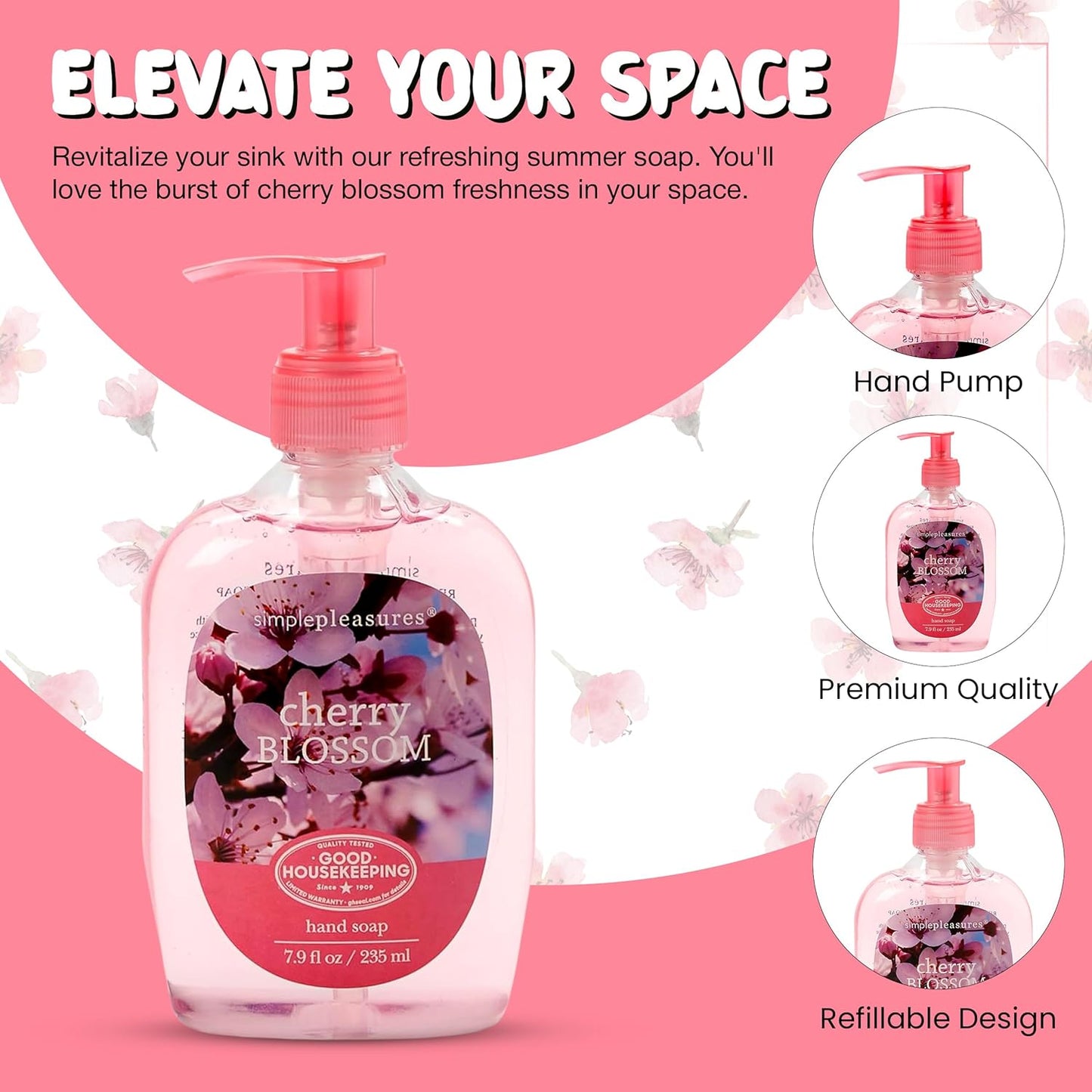 Simple Pleasures Premium Hand Soap Refills - Cherry Blossom Scent | 7.9 oz Bottle & 59 oz Jumbo Refill