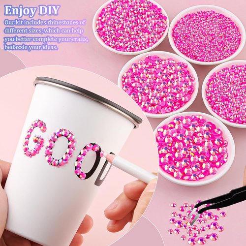 25000Pcs Resin Rhinestones for Crafting, Hot Pink AB 2-6mm Mixed Sizes Non Hotfix Flatback Gems with 1Pcs Glue, Bedazzling Crystal for DIY Craft Clothing Mugs Tumblers Shoes Fabric Decor Nail Art