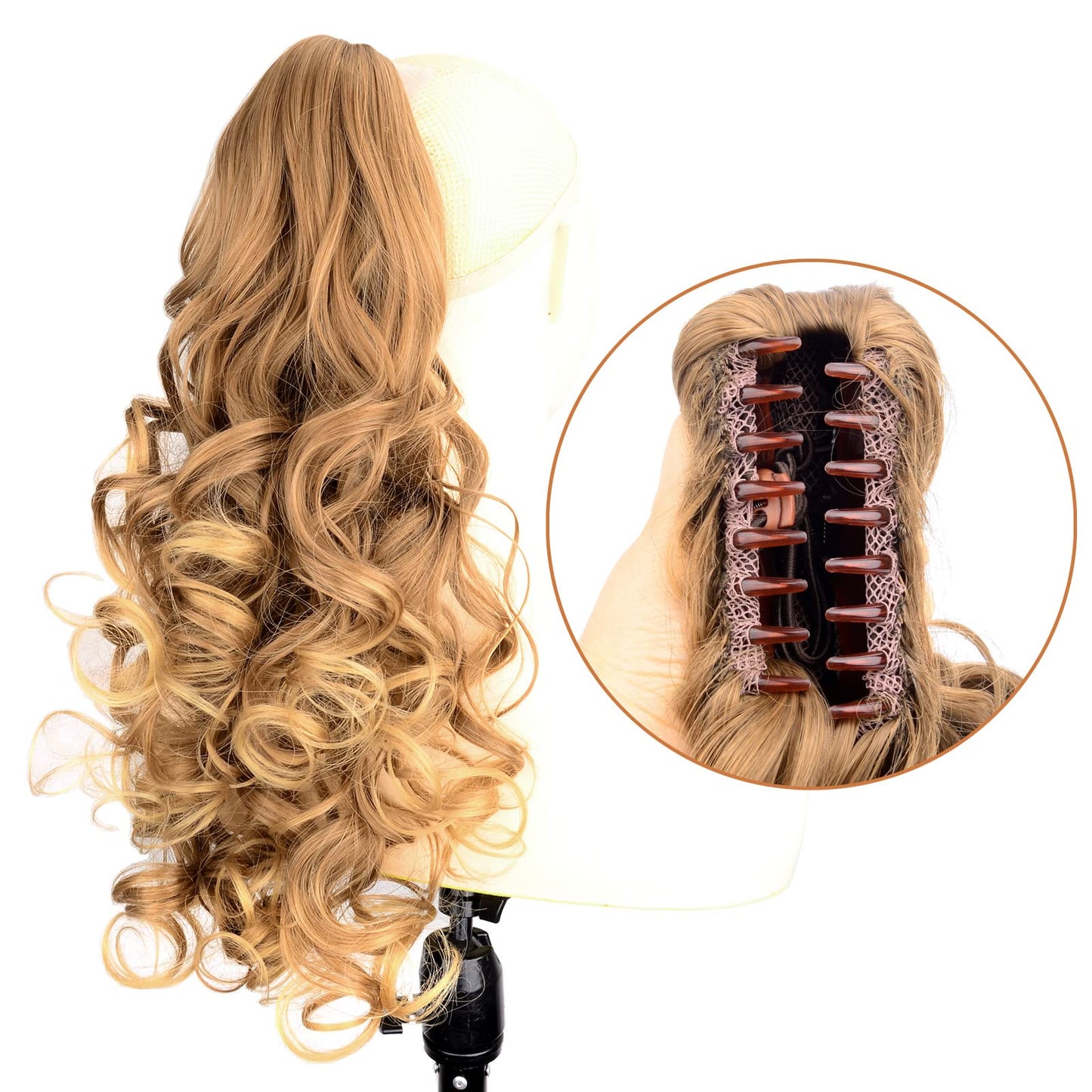 DIGUAN Claw Clip In Wavy Loose curly Synthetic Wrap Around Ponytail Extensions 24 Inches Pony Tail Clip In Extensions for Women Girl 7.4oz/210g (Golden Sandy Blonde)