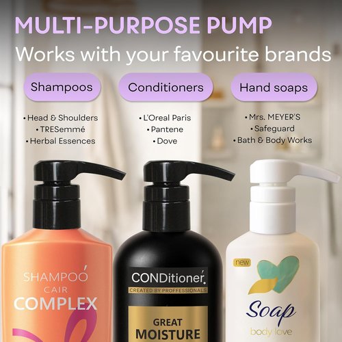 Brightfrom Universal Dispensing Pump - Ideal for Shampoo & Conditioner | Fits 12oz to 33.8oz Bottles, 2 Pack, White/Black