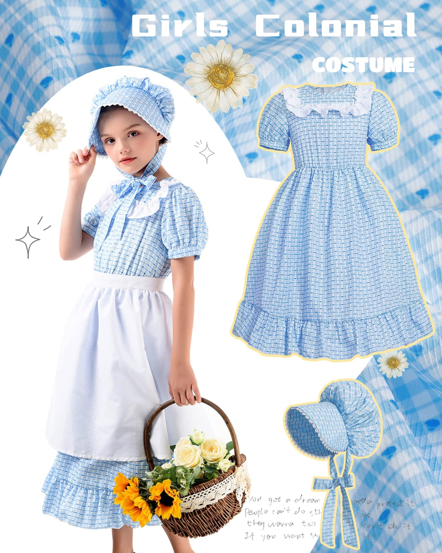 NSPSTT Pioneer Dresses for Girls Colonial Costume Prairie Dresses for Girls Polka Dot Dress, Blue S