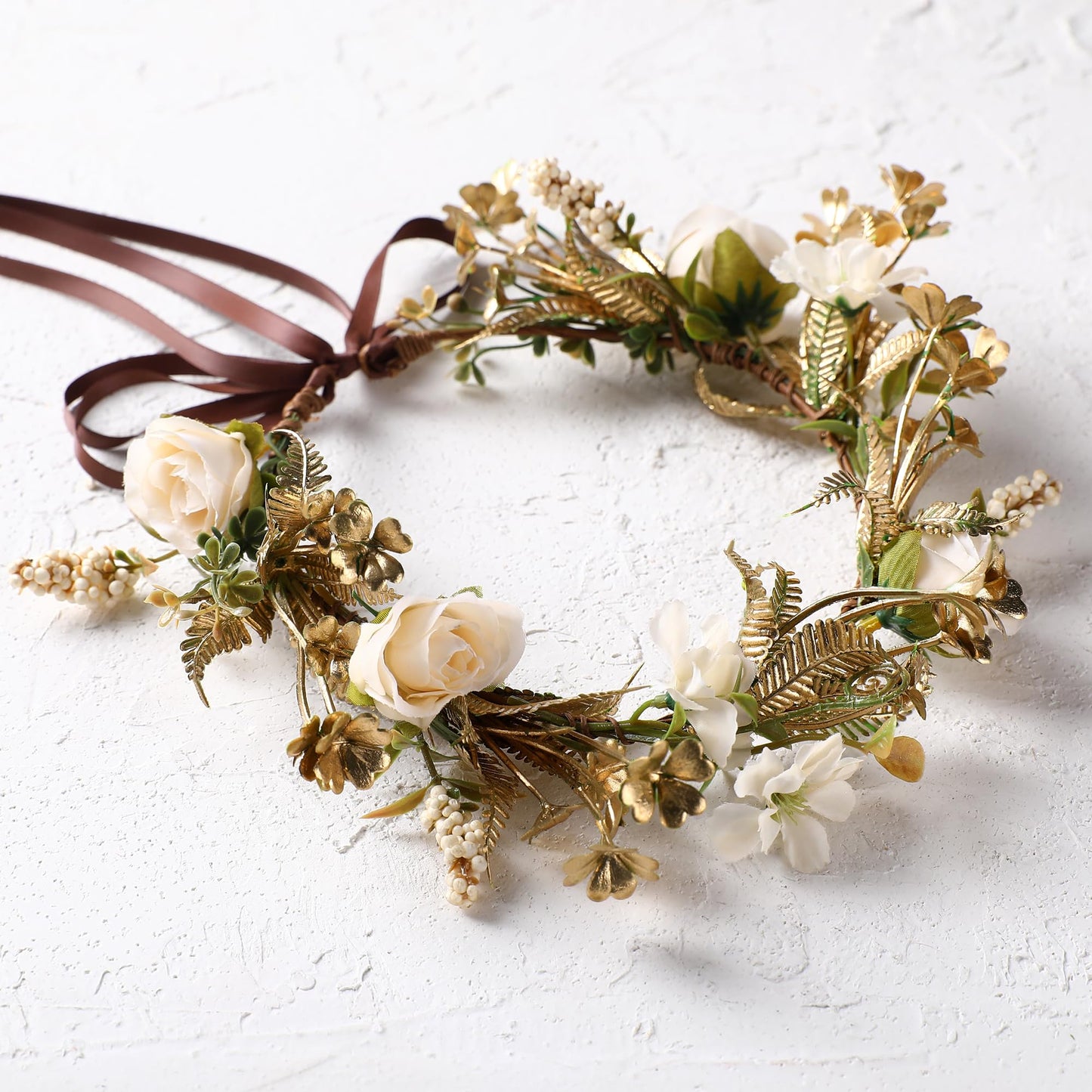 KorViSHOW Vintage Rose Flower Crown - Golden Leaves White Classic Flower Headband Fairy Elegant Flower Headpiece for Women Girls Christmas Mucic Festivals Photo Prop