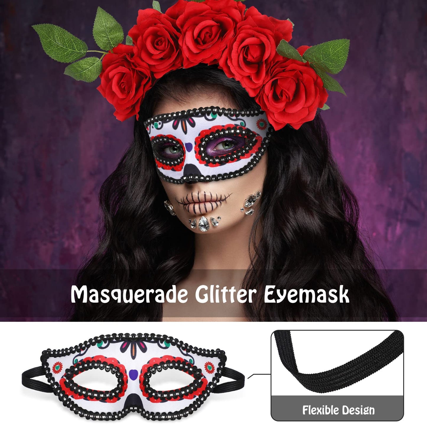 6 Pieces Day of the Dead Costumes for Women Halloween Crown Rose Floral Veil Headband Headpiece with Halloween Skull Face Temporary Tattoo Masquerade Mask for Costume Party (Red)