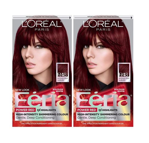 L'Oreal Paris Feria Hair Color - Multi-Faceted Shimmering Permanent Dye Kit | R48 Intense Deep Auburn, Pack of 2