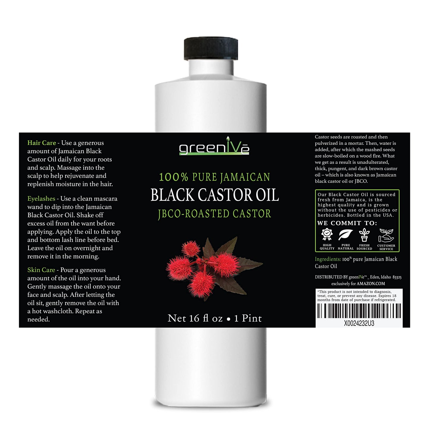 GreenIVe Jamaican Black Castor Oil JBCO Organically Grown 100% Pure Great For Hair and Topical Uses (16 Ounce)