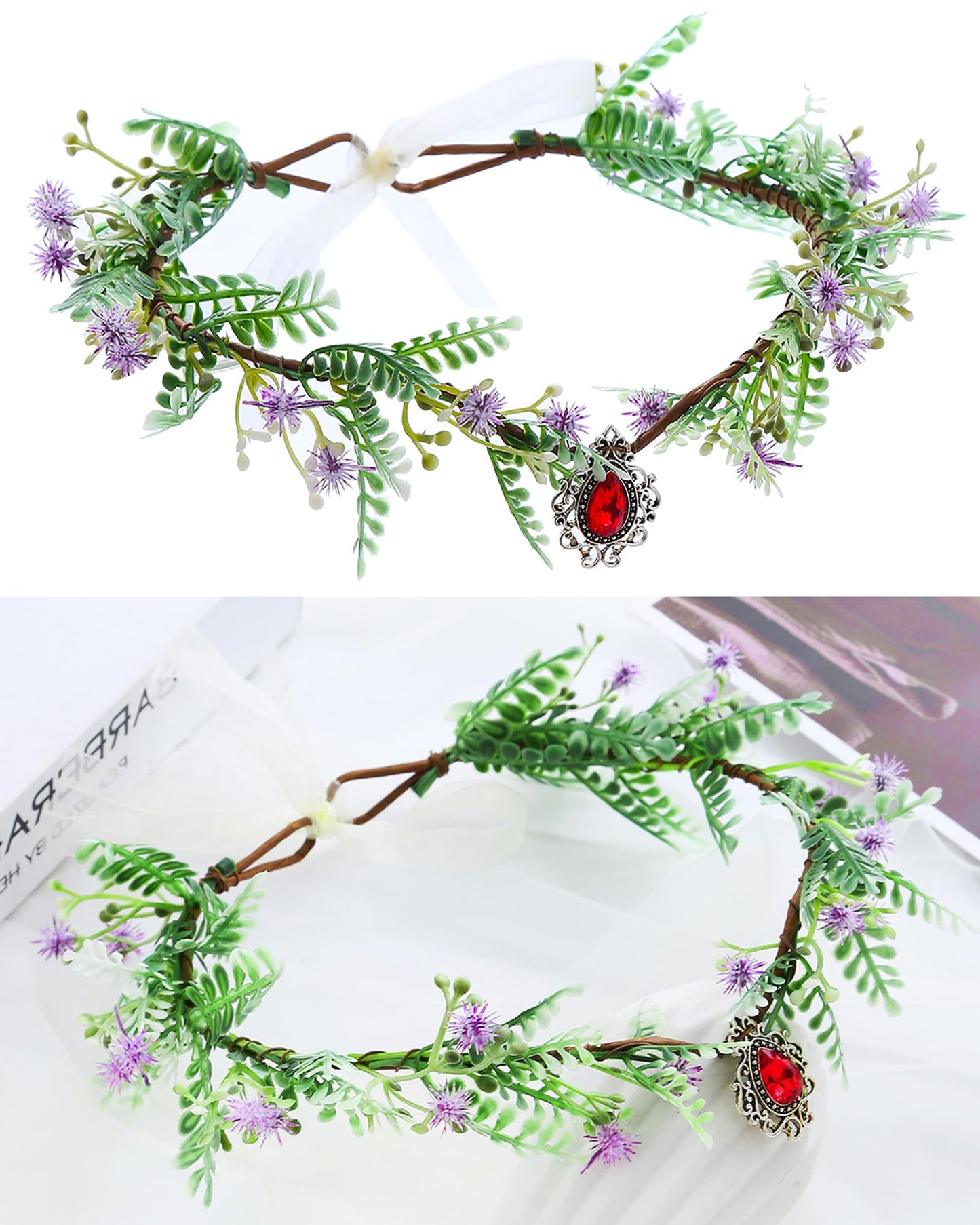 3 Pcs Fairy Leaf Rhinestone Headband - Handmade Elf Princess Headpiece Forest Wedding Flower Crown for Women Girls Halloween Cosplay Costume Hair Accessories, Purple