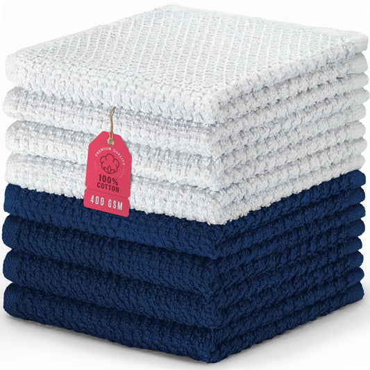 DecorRack 8 Pack 100% Cotton Face Towels, Ultra Absorbent 12 x 12 inch Wash Cloths, 400 GSM, Premium Quality, Soft Fingertip Towels for Face, Makeup, Spa, and Beauty, Navy (8 Pack)