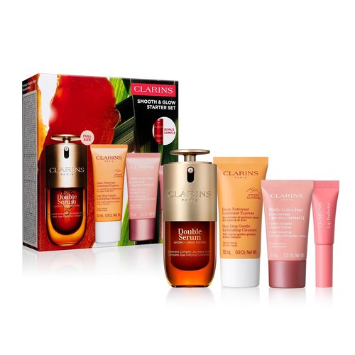 Clarins Smooth and Glow Starter Set - 5-Piece Skincare Collection with Full Size Double Serum 1 oz