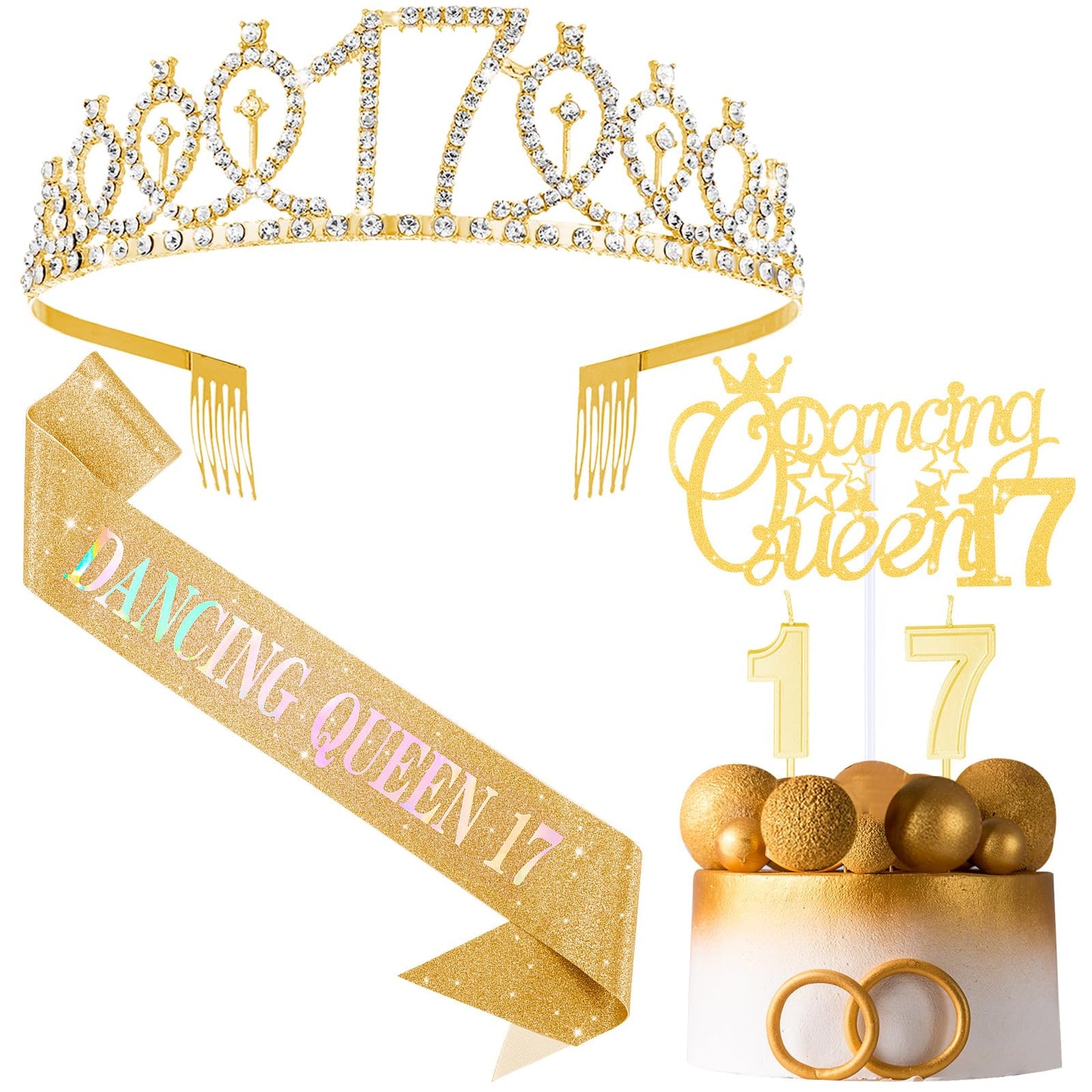 Crowye 17th Dancing Queen Gifts Dancing Queen 17 Cake Topper 17th Tiara Crown Sash Candles 17 Birthday Decorations for Party Accessories(Gold)