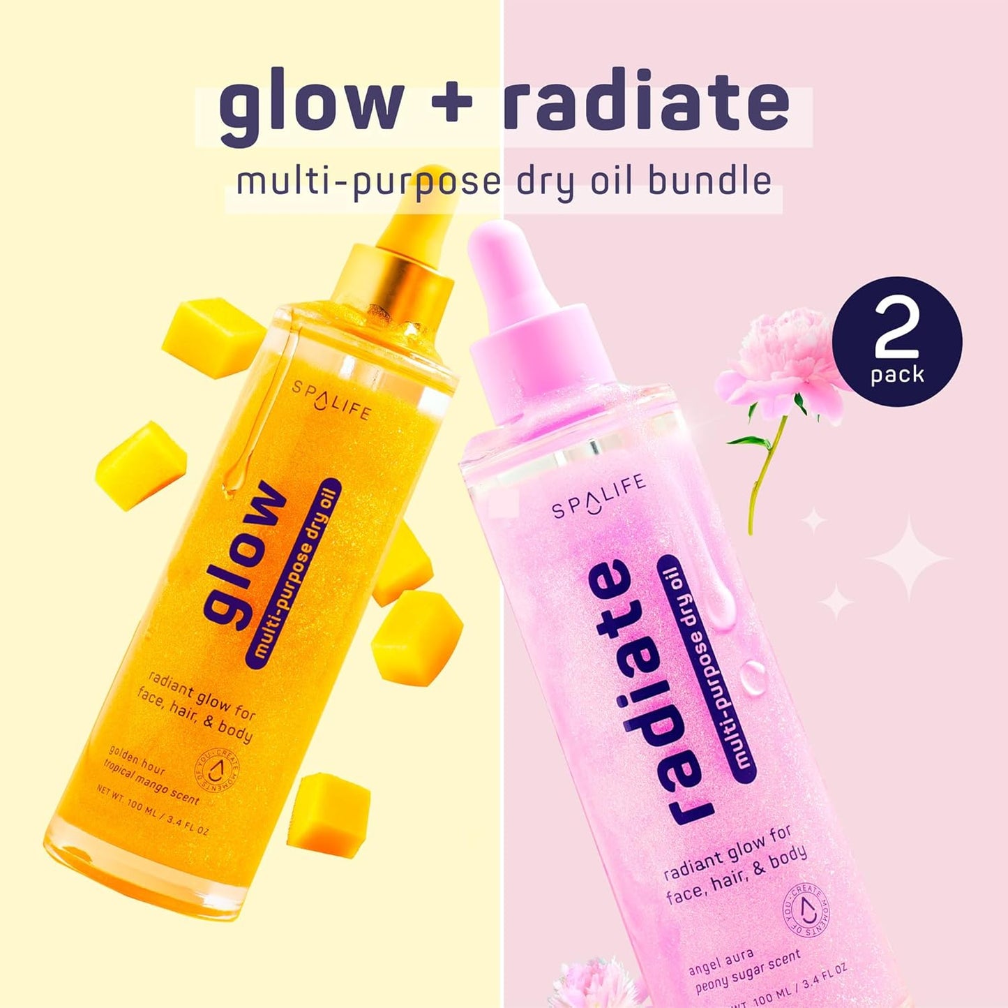 SpaLife Beauty Radiate & Glow Shimmer Oil Bundle - Hydrating Dry Oil Duo with Mango & Peony Scents