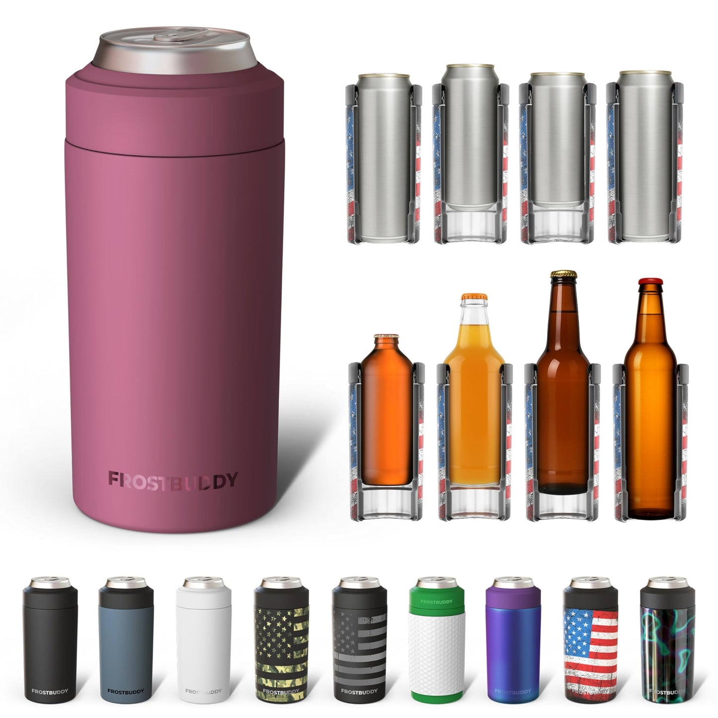 Frost Buddy Universal Buddy Can Cooler - Fits All - For Regular 12 & 16 oz or Slim-Size Bottles - Insulated Double -Walled Stainless Steel (All white)