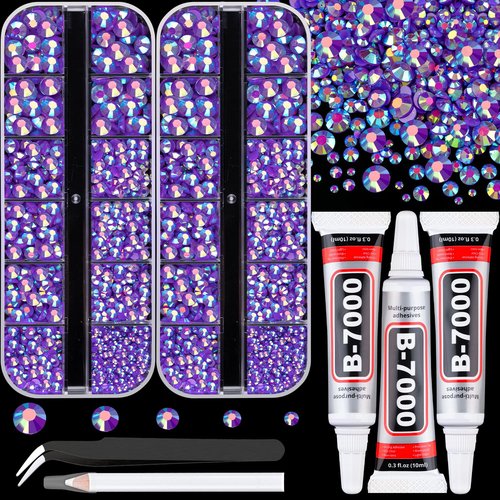 Resin Rhinestones for Crafting with 3Pcs 10ml B7000 Jewelry Glue, 2 Boxes Dark Purple AB Flatback Gems Crystals Diamond for Bedazzling Crafts DIY Nail Art Makeup,Gems for Clothing Tumblers Shoes