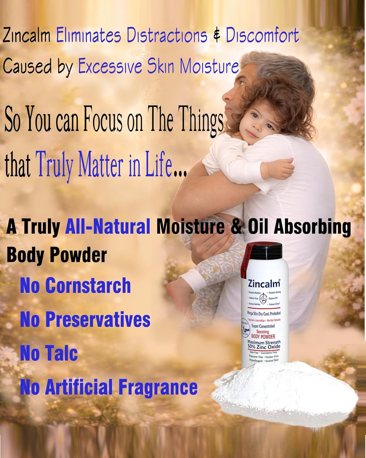 Zincalm All-Natural Body & Foot Powder - 50% Zinc Formula for Moisture & Odor Control | Anti-Chafing Relief