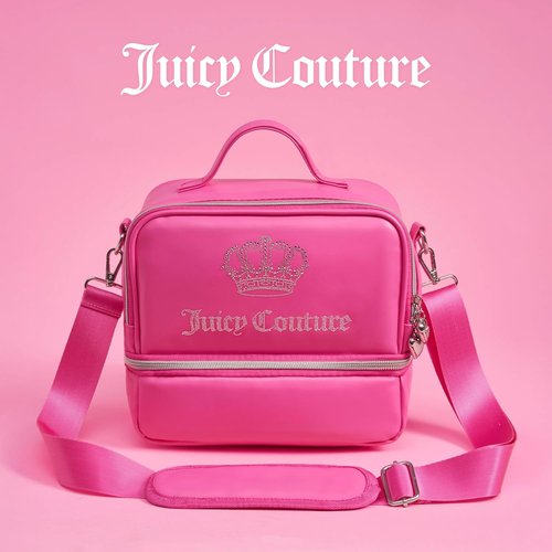 Juicy Couture Double Zip Lunch Tote Bag - Insulated Cooler with Adjustable Strap | Hot Pink Bling Crown Design