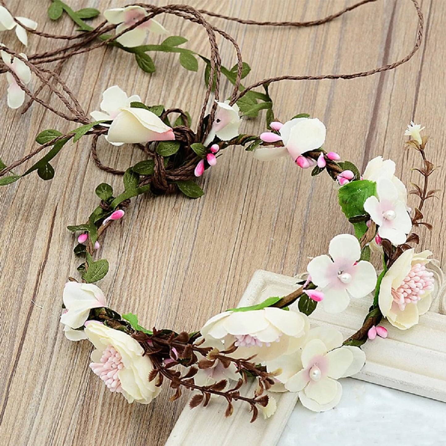 YnimioAOX Handmade Adjustable Flower Wreath Headband Halo Floral Crown Garland Headpiece,D13-white pink