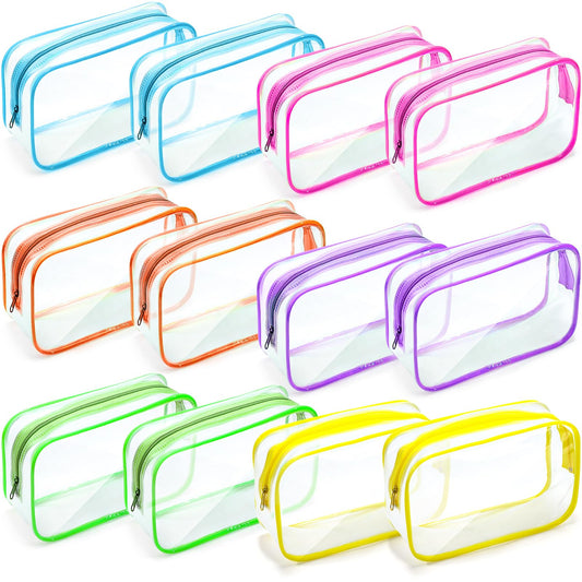 Weewooday 12 Pieces Clear Cosmetics Bag PVC Zippered Clear Toiletry Carry Pouch Cosmetic Makeup Bag Waterproof Makeup Vinyl Plastic Organizer Case for Vacation Bathroom(Bright Color,Medium)