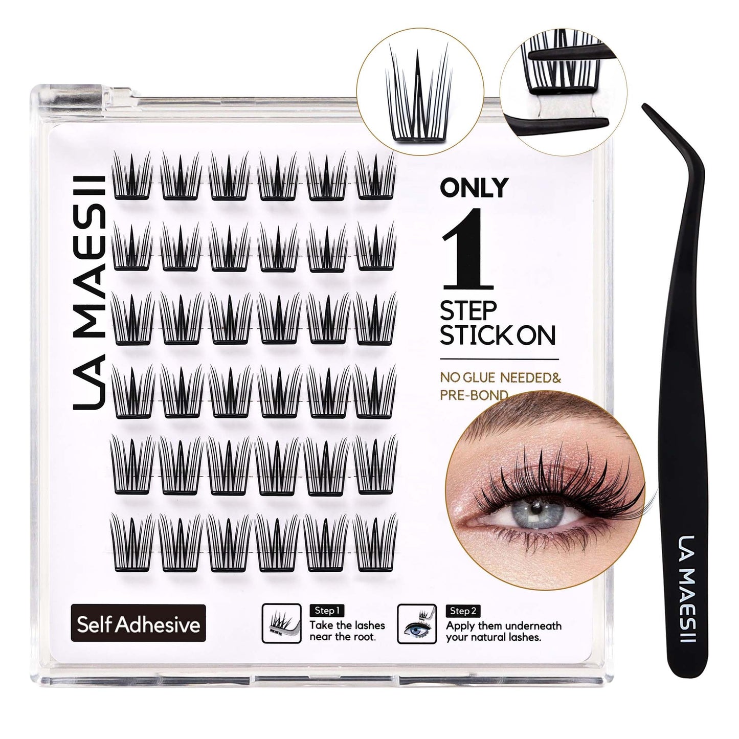 LA MAESII Self Adhesive Lash Clusters, Press-On Lashes No Glue Needed Pre Glued Eyelash Clusters Wispy Cluster Lashes 10-14mm, C Curl Individual Lash Kit, ULTRA-THIN&LIGHT Reusable No Residue(Hybrid)