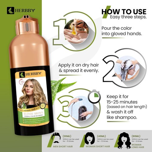 HERBBY Hair Color Shampoo - Gray Coverage & Color Transformation with 9 Herbal Extracts | Long-Lasting Shine, 500ml (Blonde Brown)