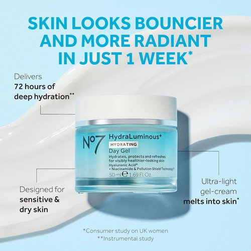 No7 HydraLuminous+ Hydrating Day Gel Moisturizer - Hyaluronic Acid & Vitamin B3 for Skin Hydration - 1.69 Fl Oz