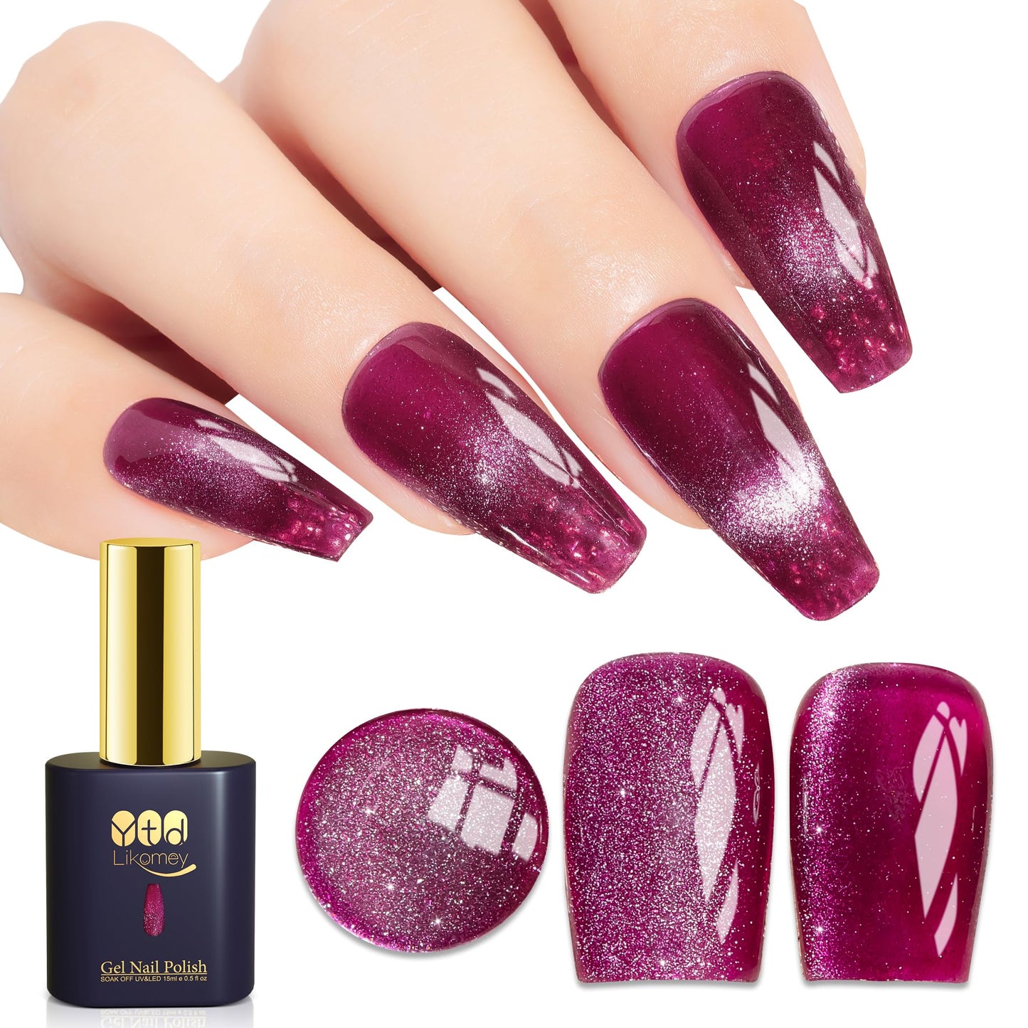 YTD Likomey Cat Eye Gel Nail Polish,15ml Bright Plum Pink Holographic Translucent Neutral Velvet Jelly Sheer Magnetic Dragon Fruit Shimmer Glitter UV Gel with Magnet Stick,MY378