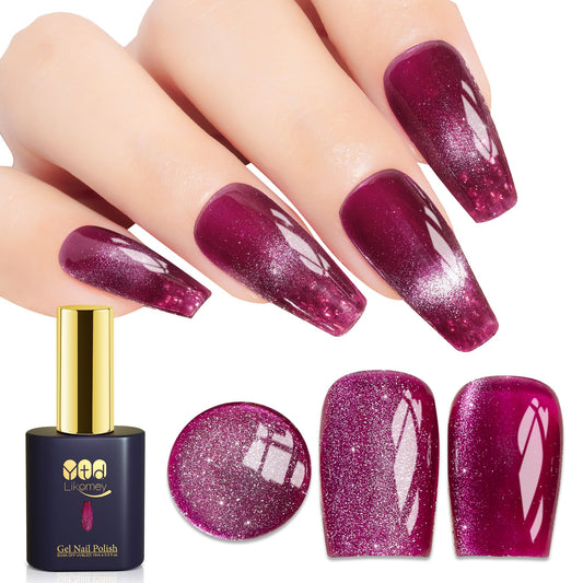 YTD Likomey Cat Eye Gel Nail Polish,15ml Bright Plum Pink Holographic Translucent Neutral Velvet Jelly Sheer Magnetic Dragon Fruit Shimmer Glitter UV Gel with Magnet Stick,MY378