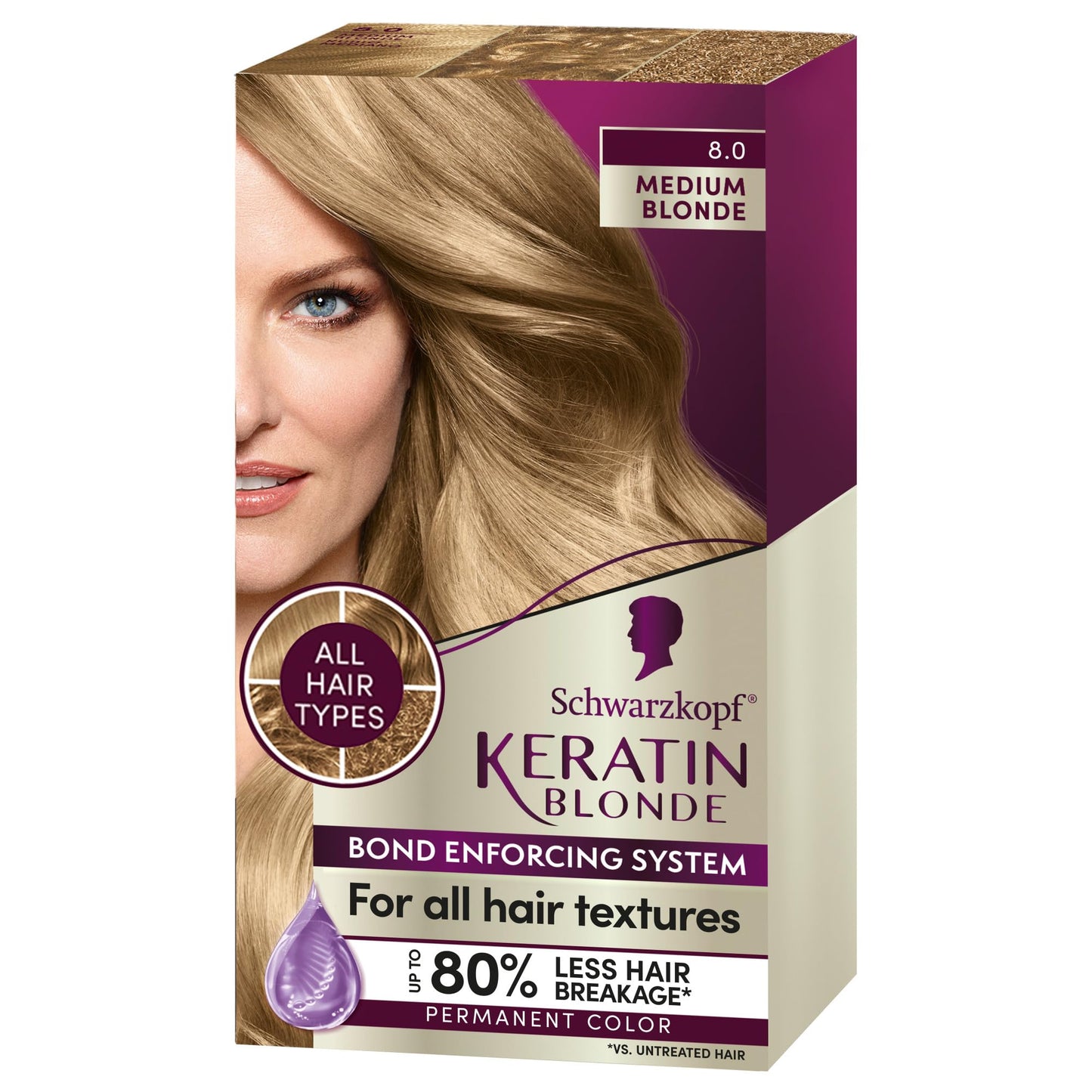 Schwarzkopf Keratin Color Permanent Hair Color, 8.0 Medium Blonde, 1 Application Professionally Inspired Permanent Hair Dye, for up to 80% Less Breakage vs Untreated Hair and up to 100% Gray Coverage