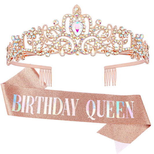 "Birthday Queen" Sash & Crystal Tiara Kit COCIDE Birthday Silver Tiara and Crowns for Women Birthday Sash for Girls Birthday Decorations Set Rhinestone Headband Hair Accessories Glitter Sash for Party (Aurora Borealis Rose Gold Tiara + Rose Gold Sash)