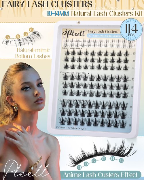 Fairy Lash Clusters Kit Wispy Eyelashes 10/12/14mm Natural Eyelash Extensions Kit Airy Cute Cluster Lashes with Bottom Lashes Manga eyelash Clusters Kit with Lash Bond and Seal, Tweezers by Pleell