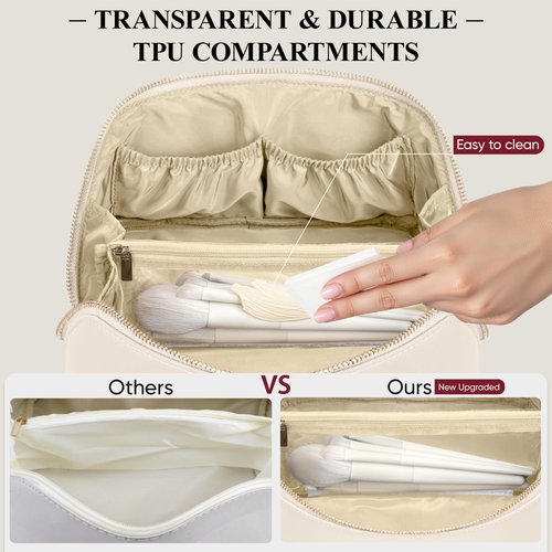 MSTONAL Travel Makeup Bag, Large Capacity Cosmetic Bags for Women, Waterproof Portable Pouch Open Flat Make up Organizer Bag with Dividers and Handle, Toiletry Bag for Essentials, Medium Size, Beige