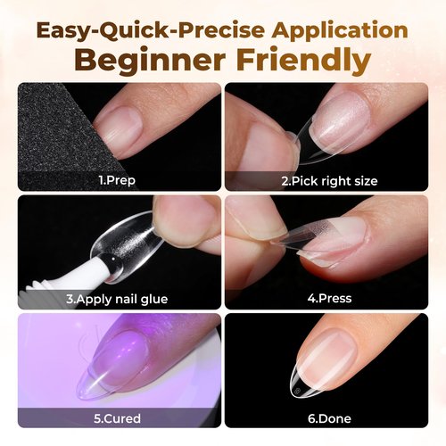 UNA GELLA Short Almond Nail Tips: 504PCS Short Fake Nails Soft Press On Gel Nail Tips Pre Shaped Almond Shape Home Nail Extension Full Cover, 12 Sizes Acrylic Gelly Tips