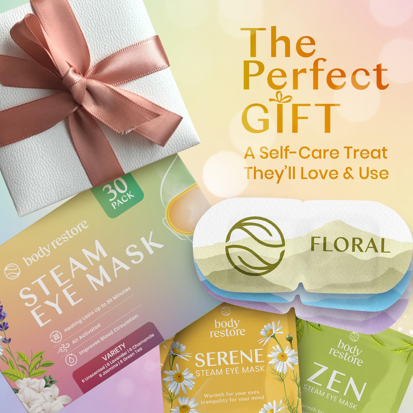 Body Restore Self Heated Steam Eye Mask 30 Pack - Easter Basket Stuffers, Relaxation Gifts for Her and Him, Best Friend, Stye Eye Treatment, Disposable Heating Pad, Travel Essentials - Variety