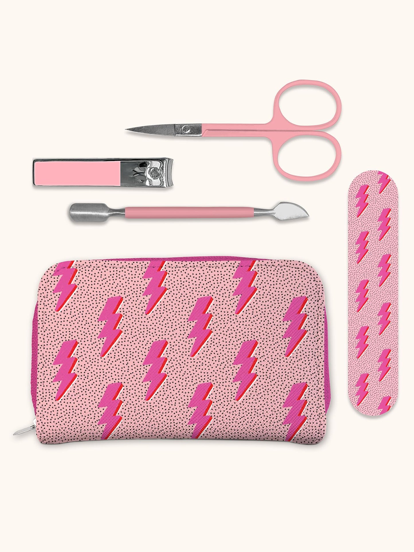 Studio Oh! Manicure Set - 5-piece Nail Grooming Set with File, Scissors, Clippers & Cuticle Pusher - Zippered Travel Kit for Home & Office - Charged Up
