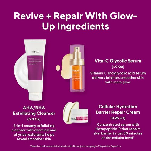 Murad Revive + Repair 3-Piece Set | Total Skin Health Regimen with AHA/BHA Cleanser, Glycolic Serum & Hydration Cream