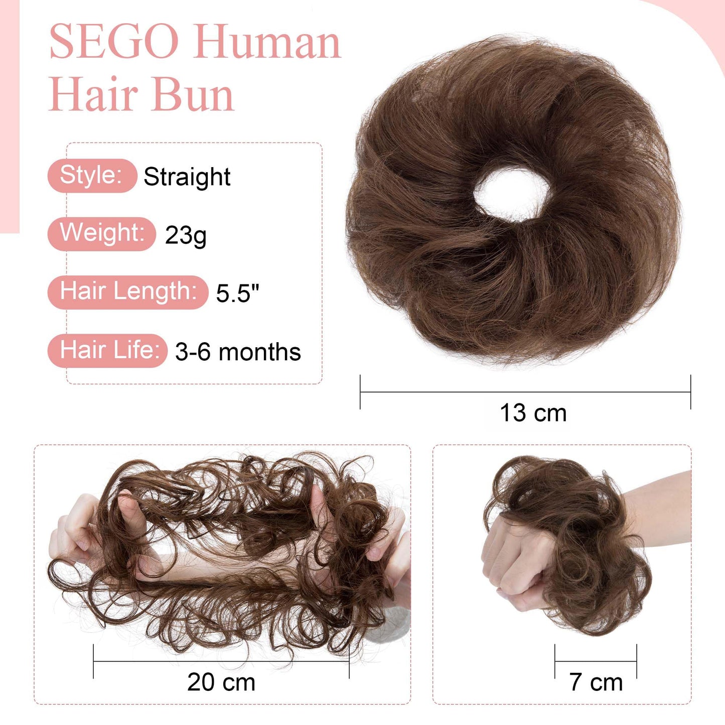 SEGO Human Hair Messy Bun Hair Piece Scrunchies Real Human Hair Wavy Curly Tousled Updo Hairpieces Donut Chignon Ponytail Extensions for Women Girls/Medium Brown