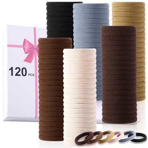 LuSeren 120 Pcs No Damage Hair Ties for Thick Hair, Large Soft Seamless Nylon Hair Elastics for Women, Ponytail Holders, Hair Accessories – Neutral Colors