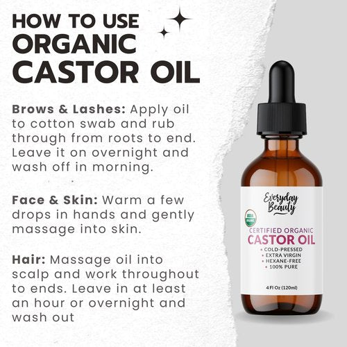 Organic Castor Oil - 100% Pure Certified USDA Organic, Cold Pressed & Hexane-Free, For Eyelashes, Eyebrows, Hair, Skin & Wellness Packs - 4 Fl Oz Glass Bottle & Dropper