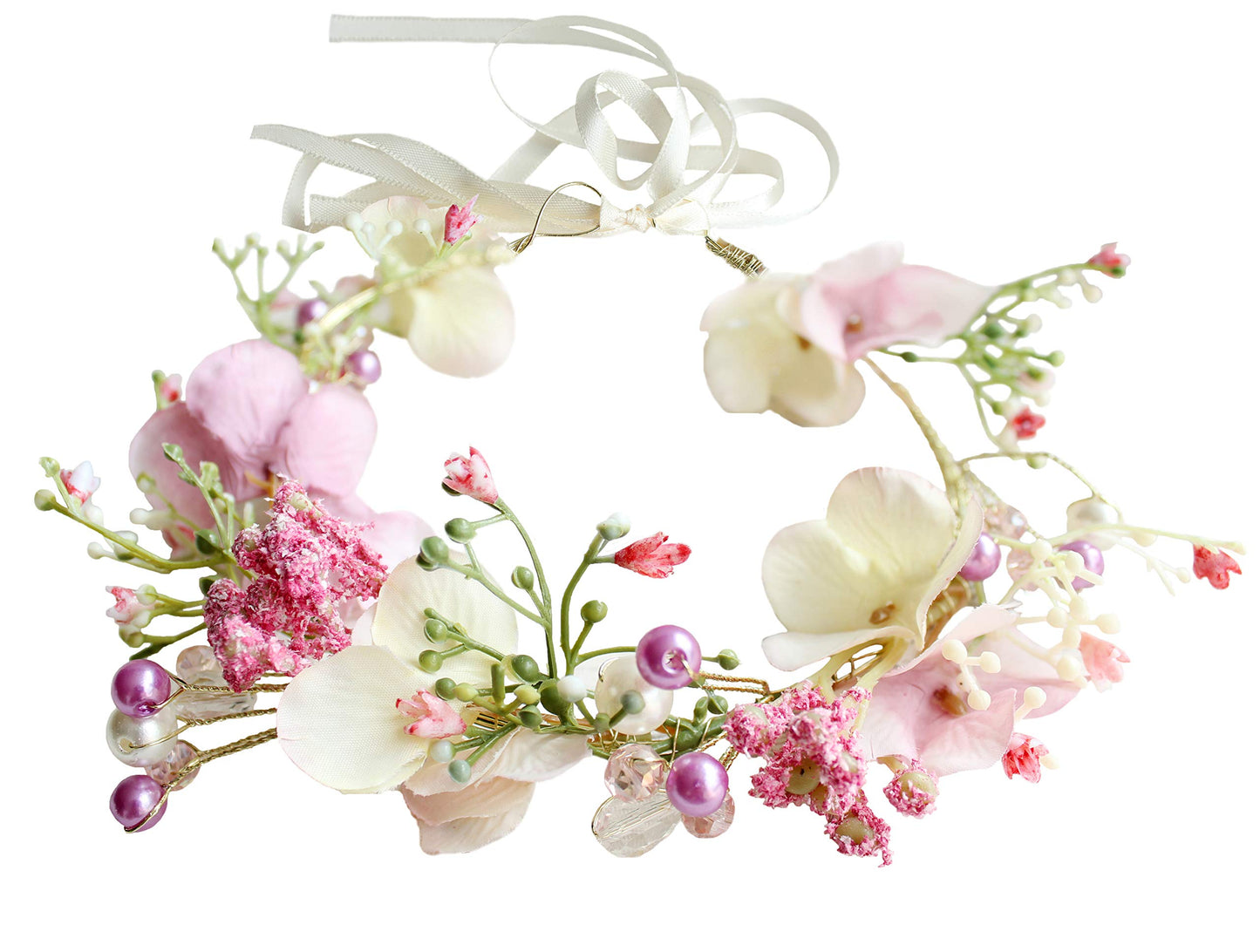 Vivivalue Pearl Flower Crown Floral Garland Headband Flower Halo Headpiece Hair Wreath Boho with Ribbon Wedding Party Photos Festival Pink