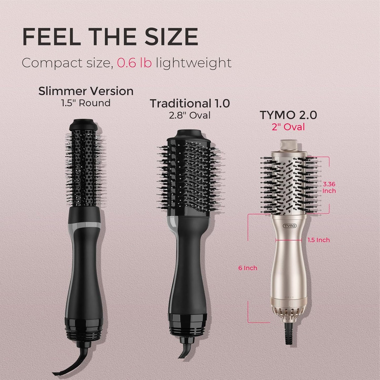 TYMO 2.0 Hair Blow Dryer Brush - One-Step Volumizer with 2-Inch Oval Barrel, Lightweight & Fast Drying, Gold