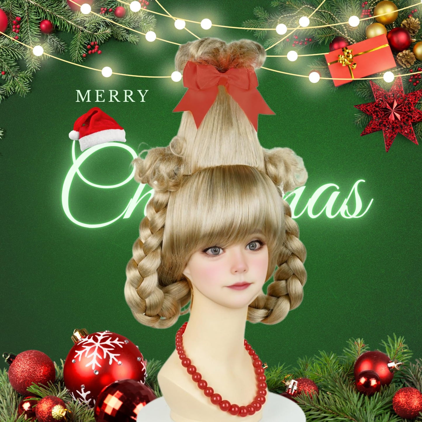 Kids Blonde Braided Wig with Red-bow Earrings, Christmas Cindy Wig with Accessories for Halloween Christmas Costume Party