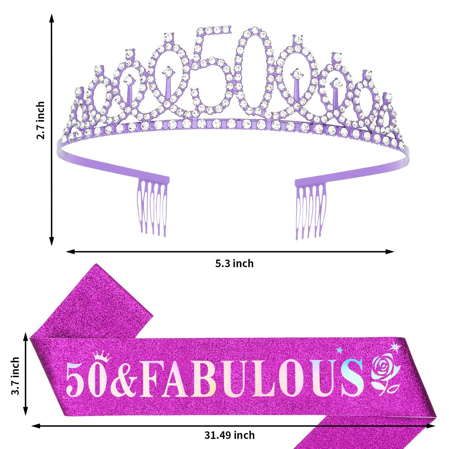 Purple 50th Birthday Sash and Tiara for Women, 50th Birthday Decorations Women, 50th Birthday Crown and Sash Set, 50th Birthday Party Favors, 50th Birthday Gifts for Women