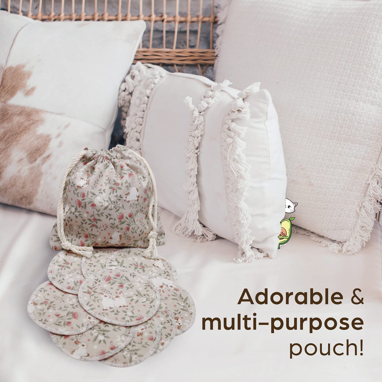 Handmade by AVO - 8 Reusable Pads, Makeup Remover, Quilted Organic Cotton Rounds, Pads Facial Rounds Fabric Pouch Laundry Bag (Rabbit)