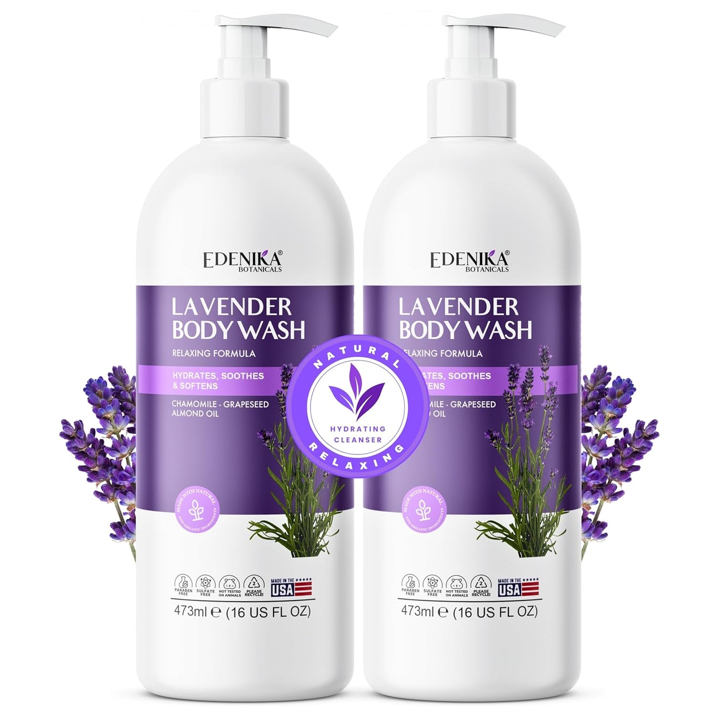 Edenika Lavender Body Wash - Vitamin E Infused, Moisturizing & Relaxing Shower Gel | 16 fl oz, 2-Pack