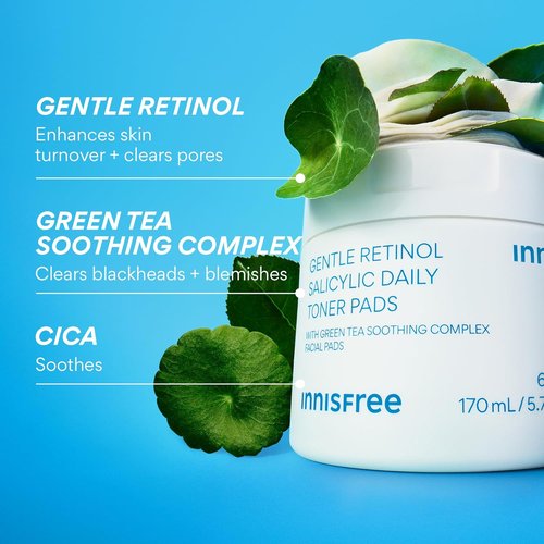 Innisfree Daily Gentle Retinol Toner Pads - Korean Acne Treatment Sheet Mask Pads for Clear Skin