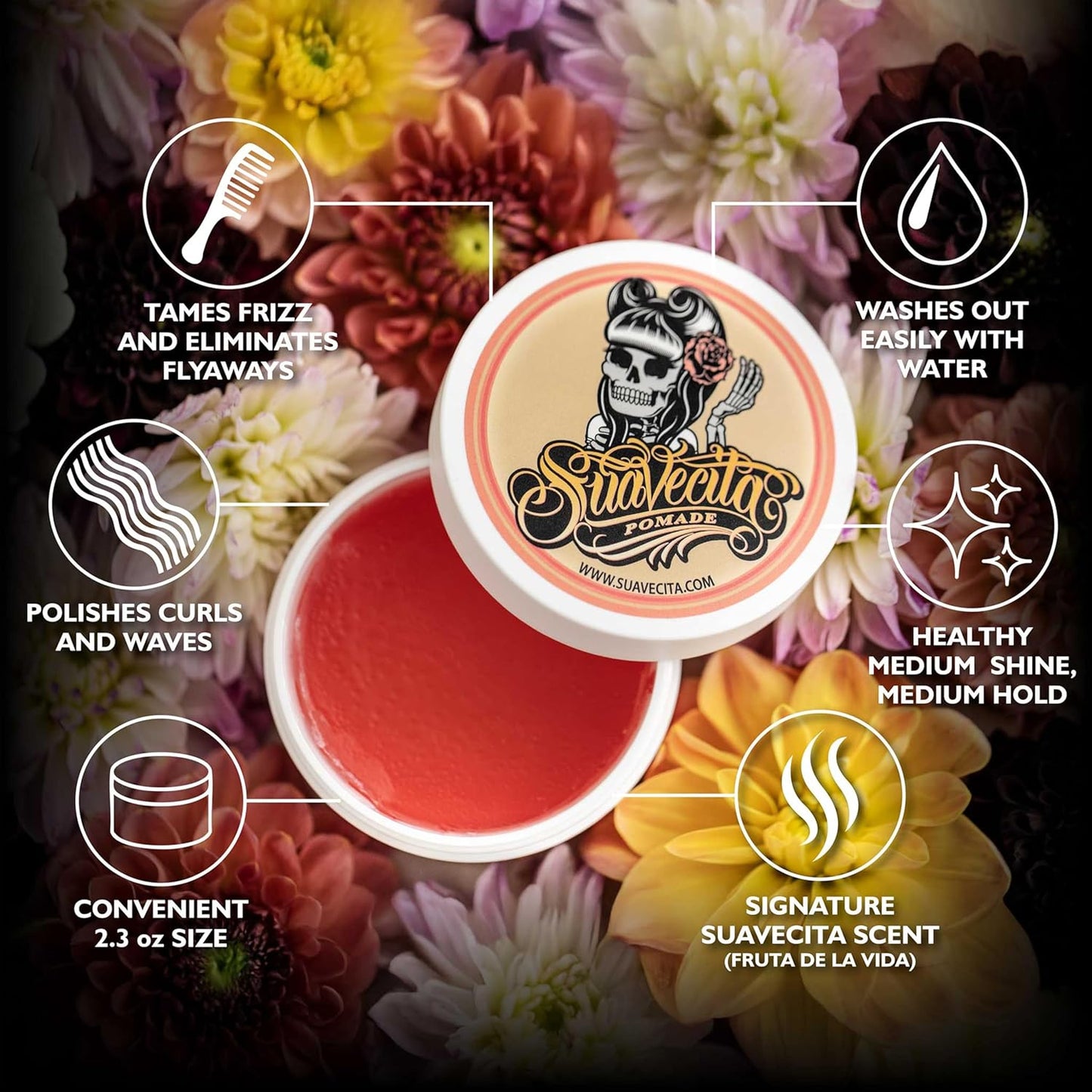 Suavecita Pomade for Women - Medium Hold, High Shine, Water-Based, Flake-Free | 2.3 oz Can