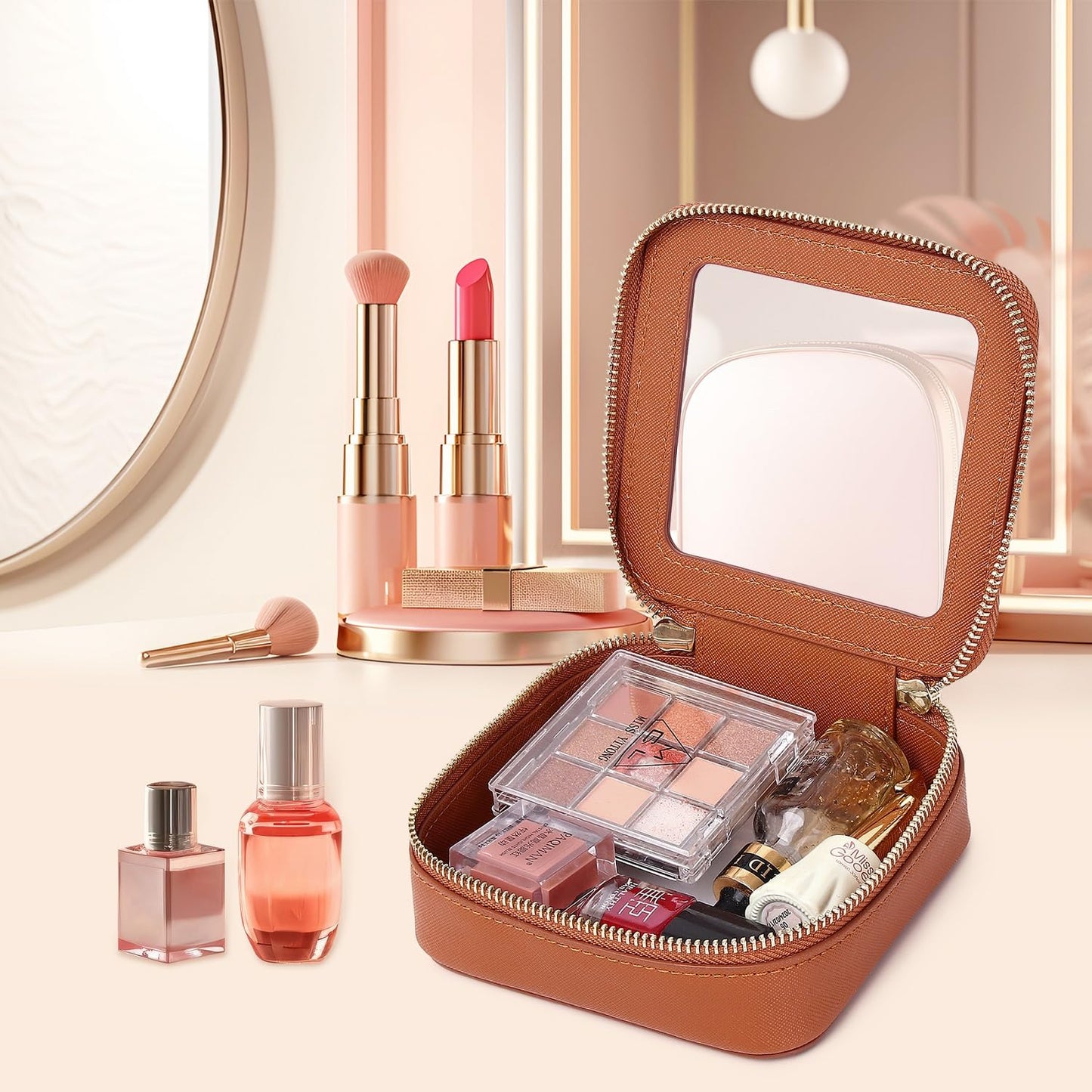 Pinkmik Small Makeup Bag Clear Mini Cosmetic Makeup Case & Toiletry Bag with Zipper Women's Purse Organizer & Car Essentials (X/Brown, MINI-1)