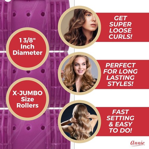 Annie Snap-On Magnetic Hair Rollers - Extra Jumbo 1.75 Inch for Secure Hold - Purple, 6 Count